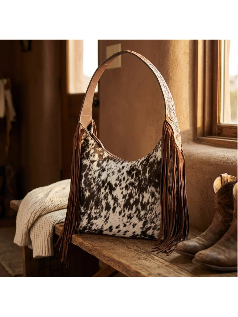 American Darling Western Fringe Cowhide Hobo Bag